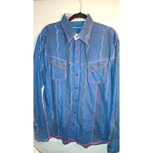 George Roth Los Angeles Mens Large Navy Blue Button Down Long Sleeve Embroidered